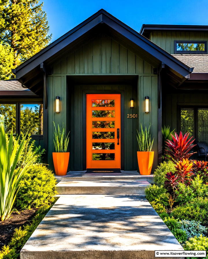 Bold Dark Green with Orange Accents - 30 Stunning Dark Green Exterior House Designs for Curb Appeal