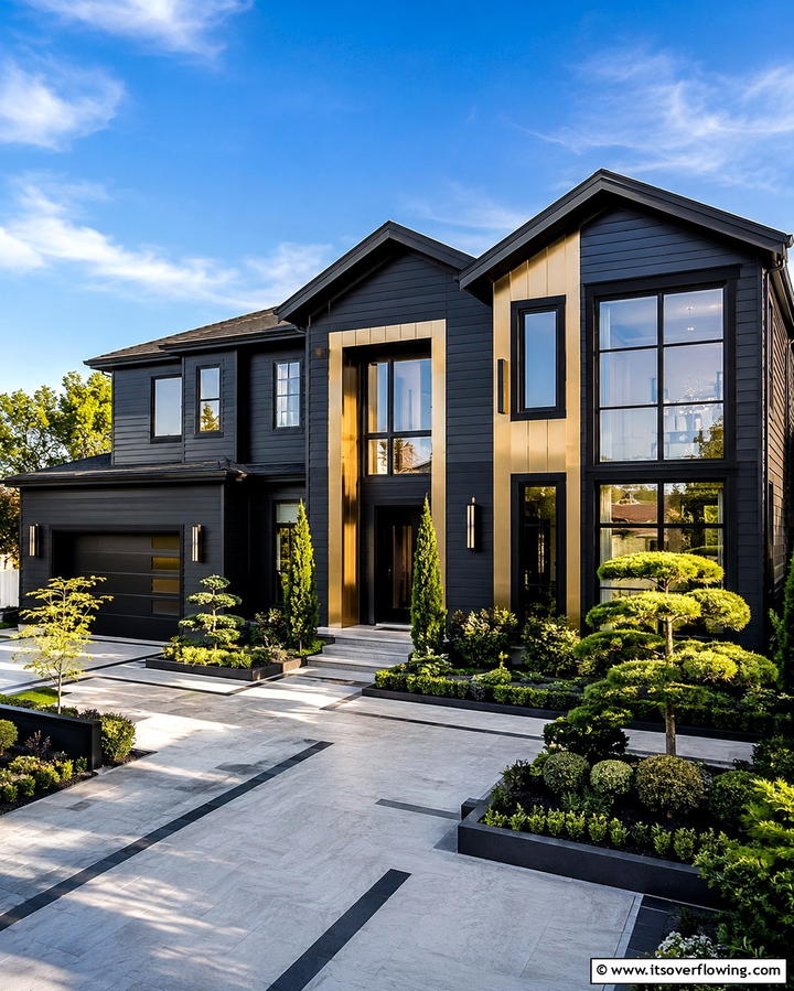 Bold Drama with Black and Gold - 20 Two-tone Siding Designs for Modern Home Exteriors
