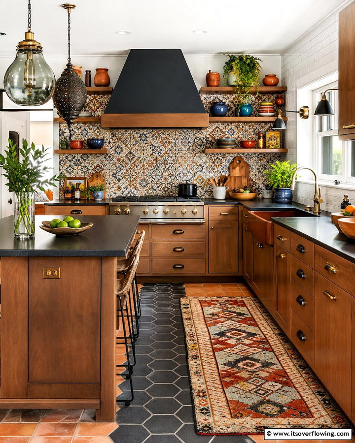 Bold Eclectic Kitchen with Mixed Materials - 20 Kitchen Ideas with Brown Cabinets and Black Countertops