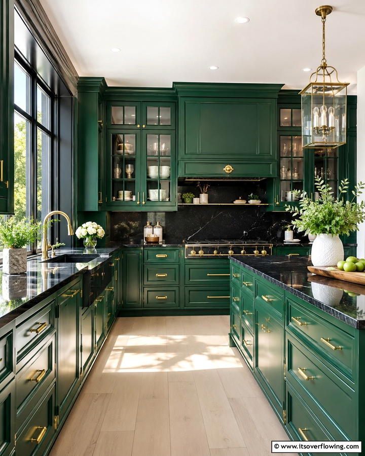 Bold Emerald Statement - 30 Green Kitchen Cabinets & Black Countertops Pairing Ideas