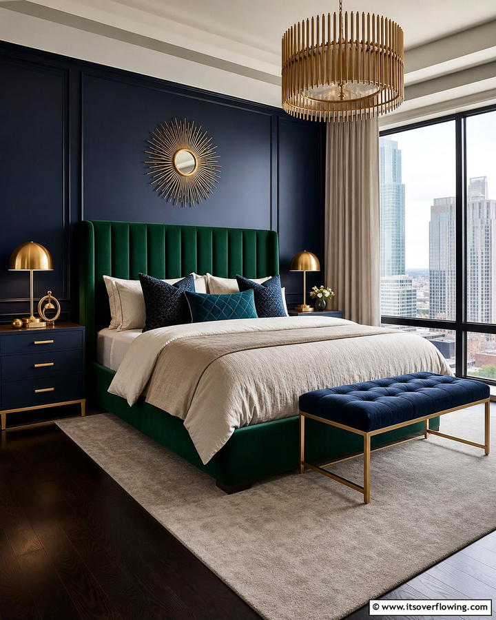 Bold Emerald and Navy Combination - 20 Blue and Green Bedroom Ideas- Calming Color Schemes