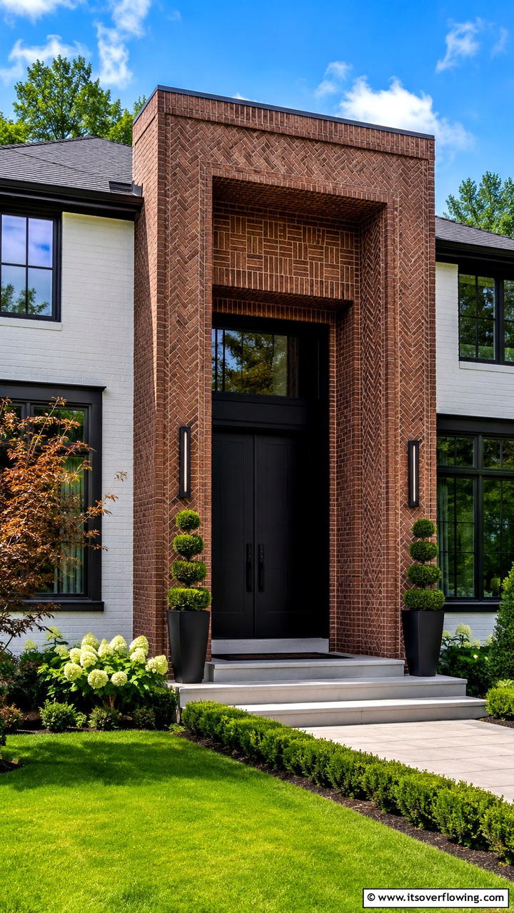 Bold Entryway Accent - 30 Brown Brick Exterior Home Ideas for Timeless Curb Appeal