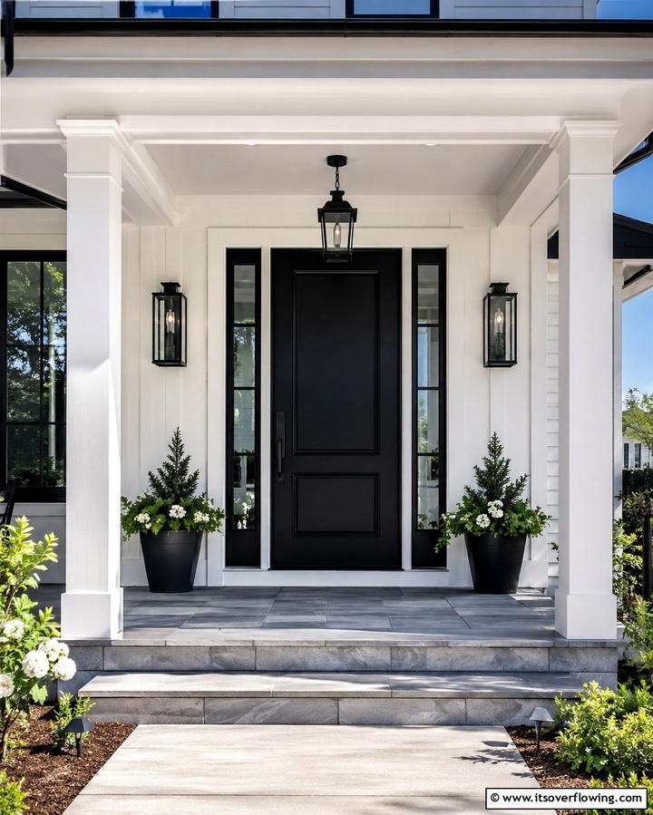 Bold Entryway Black Doors Against White Exteriors - 30 Single-Story White House Black Trim Exterior Inspirations