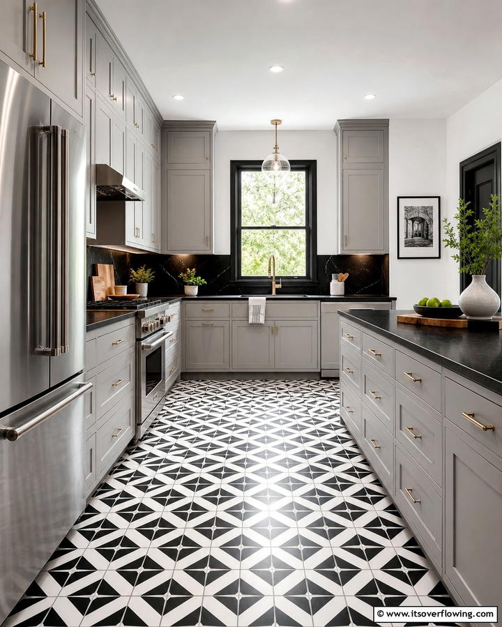 Bold Flooring Choices to Elevate the Design - 25 Kitchen Ideas with Gray Cabinets and Black Countertops