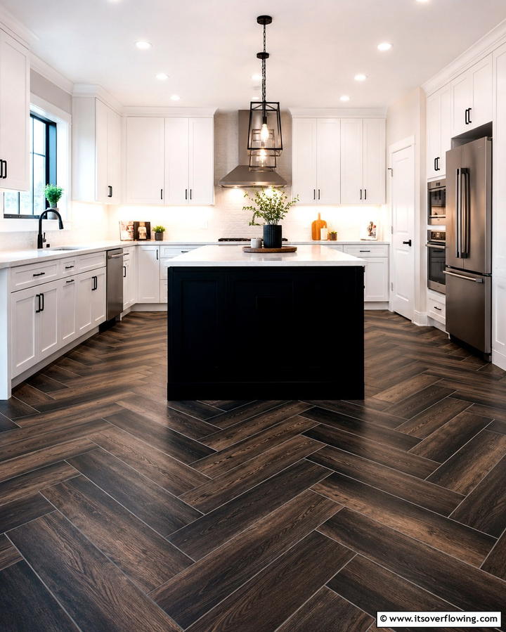Bold Flooring Choices - 20 White Kitchen Ideas With Black Island for Contrast