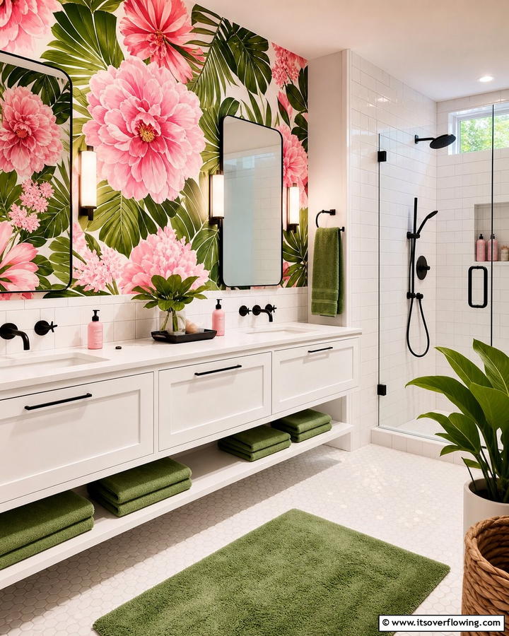 Bold Floral Wallpaper - 20 Vibrant Pink and Green Bathroom Design Ideas