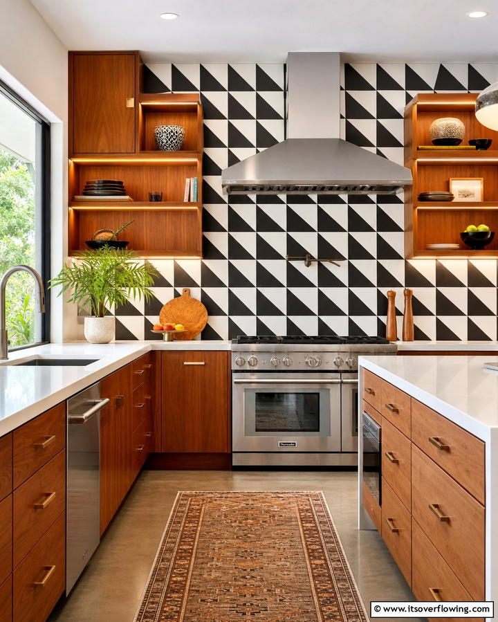 Bold Geometric Backsplashes - 25 Mid-century Modern Kitchen Ideas for a Retro and Functional Space