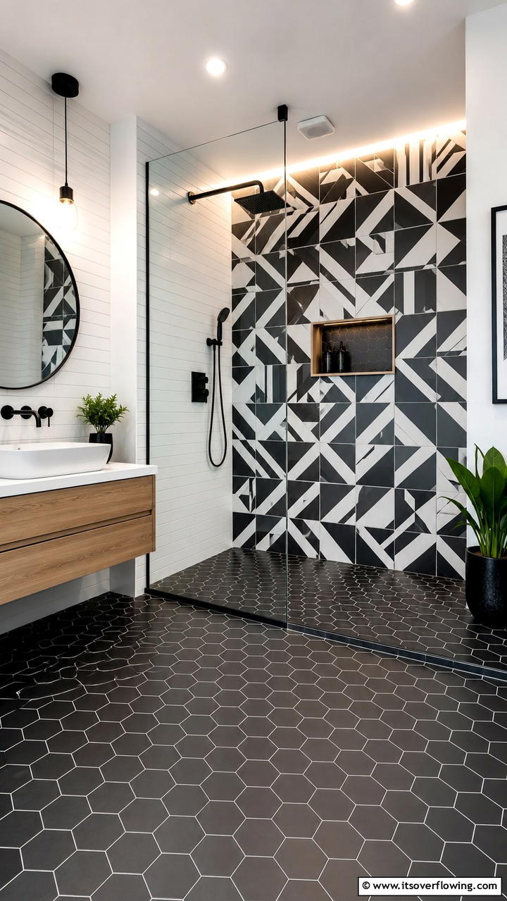 Bold Geometric Design - 30 Doorless Walk-In Shower Ideas for Modern Bathrooms