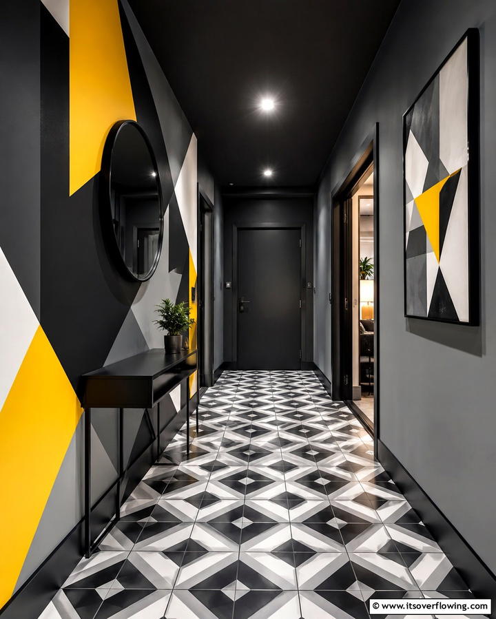 Bold Geometric Designs - 30 Black Hallway Ideas for Dramatic and Sophisticated Spaces