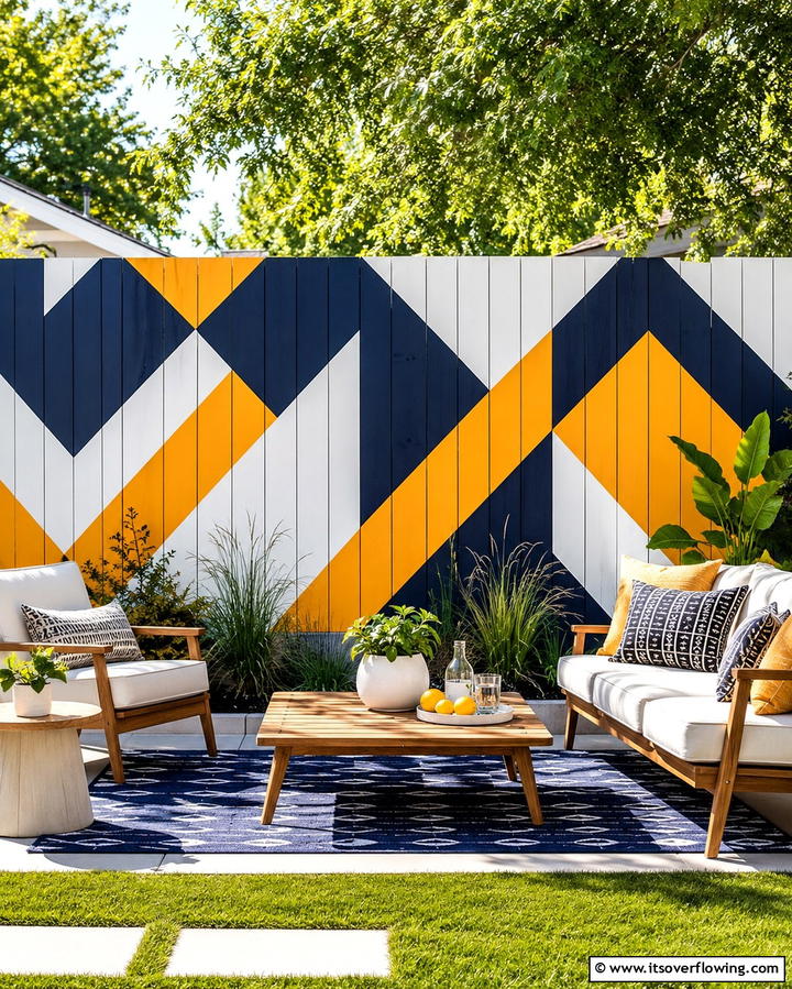 Bold Geometric Patterns - 25 Fence Painting Ideas to Refresh Your Outdoor Space