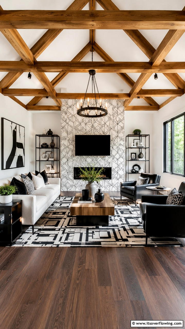 Bold Geometric Patterns - 30 Exposed Beam Living Room Ideas for Rustic Charm
