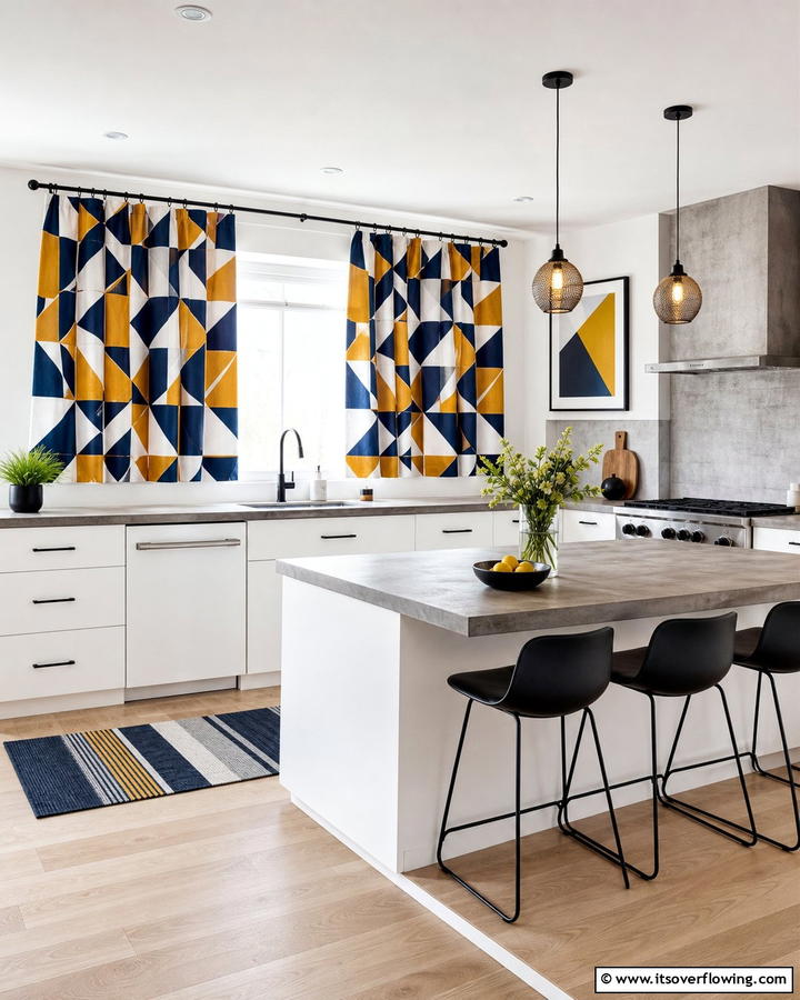 Bold Geometric Prints - 21 Kitchen Curtain Ideas to Enhance Light and Privacy