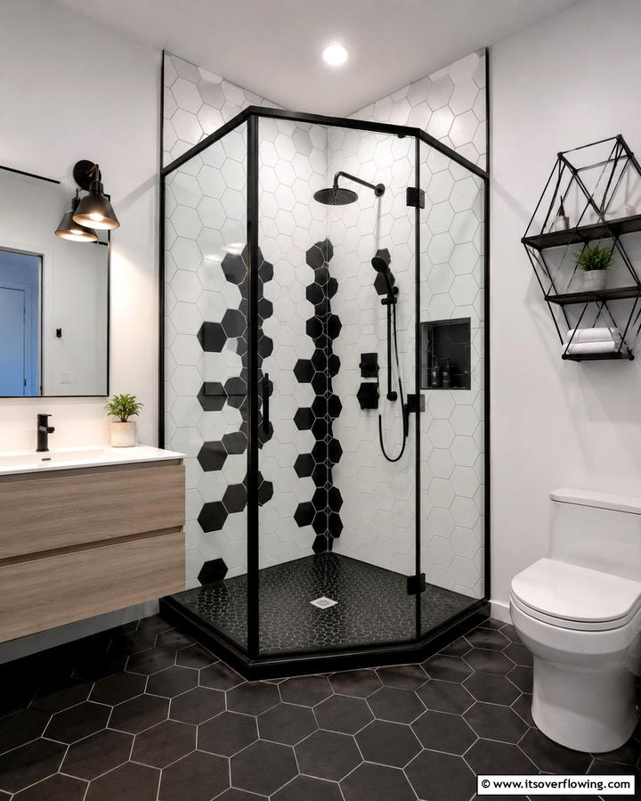 Bold Geometric Shower Design - 30 Space-Efficient Corner Shower Ideas for Modern Bathrooms