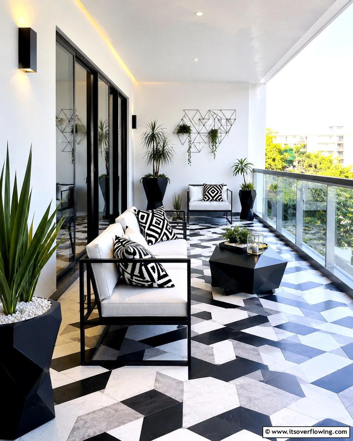 Bold Geometric Tiles - 25 Balcony Tiles Ideas for Stylish Outdoor Spaces