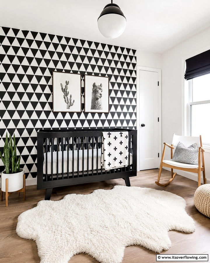 Bold Geometric Wallpaper - 30 Chic Black & White Nursery Ideas for Modern Baby Rooms