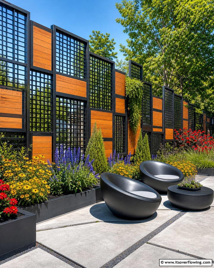Bold Geometry with Metal Grids and Wood Panels - 25 Metal and Wood Fence Ideas for Durable Boundaries