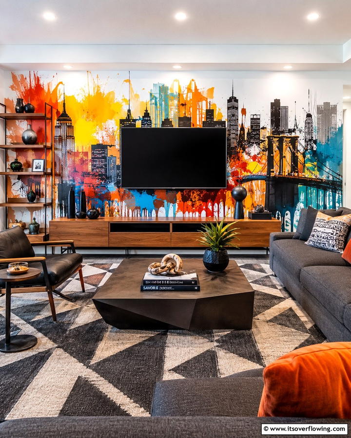 Bold Graphic Murals - 20 TV Accent Wall Ideas to Enhance Your Space