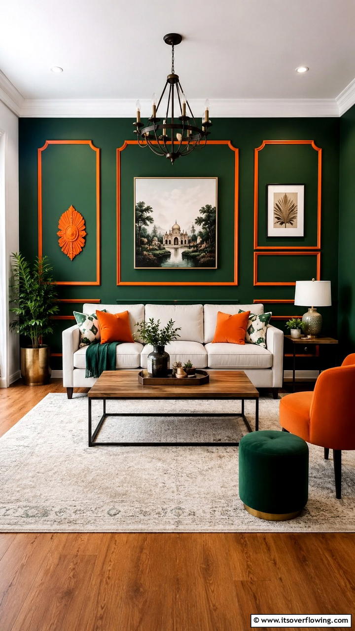 Bold Green Accent Wall with Orange Highlights - 30 Green and Orange Living Room Ideas for Bold Style