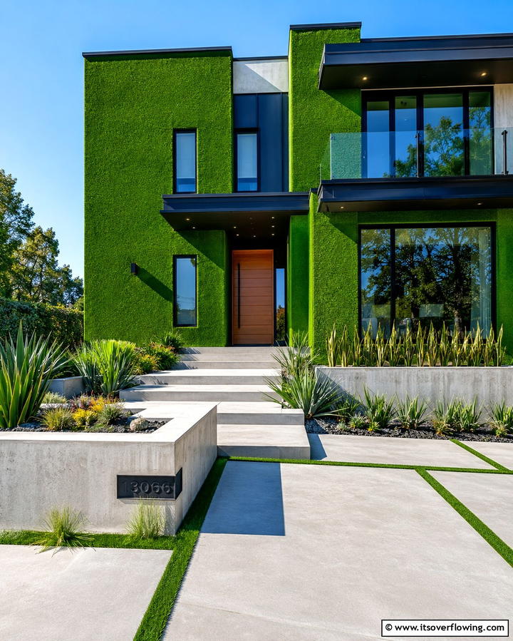 Bold Green Facade - 30 Artificial Grass Wall Design Ideas for Urban Oasis