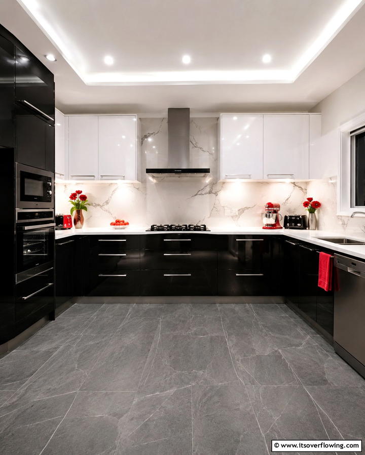 Bold Grey and White Contrast Kitchen - 30 Kitchens with Grey Floors- Sleek & Modern Flooring Ideas