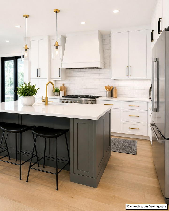 Bold Hardware Accents with White Cabinets and a Grey Island - 25 White Kitchen Cabinets with Grey Island Ideas