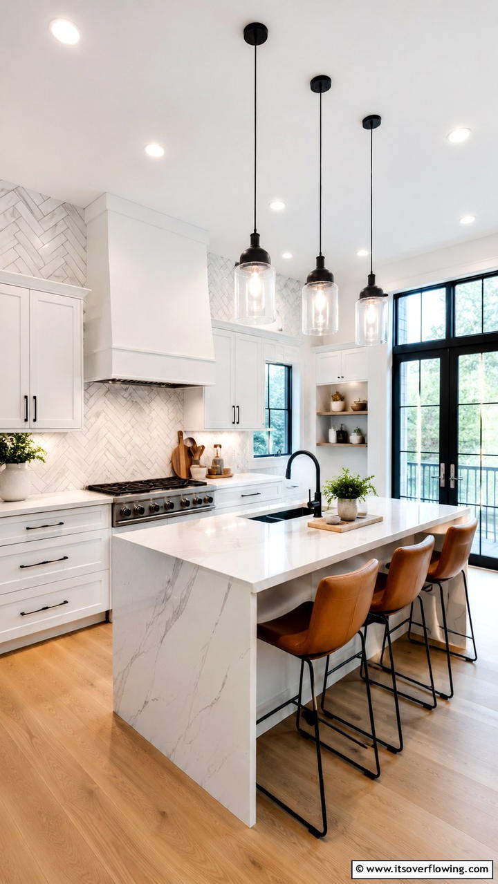 Bold Herringbone Layout - 21 White Cabinet Kitchen Backsplash Ideas for Contrast