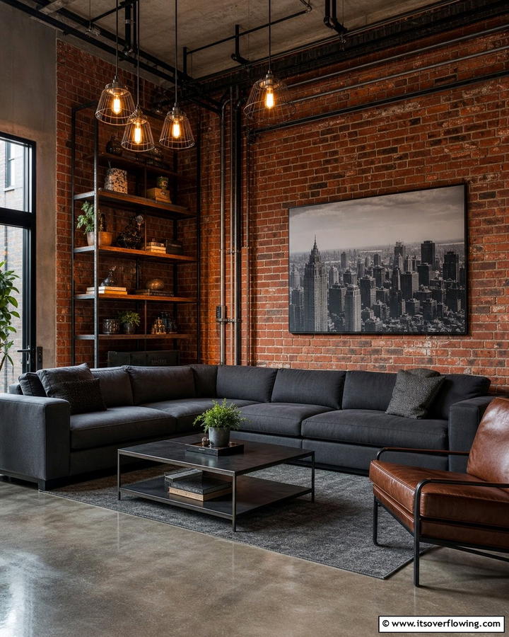 Bold Industrial Accents - 21 Dark Grey Couch Living Room Styling Ideas