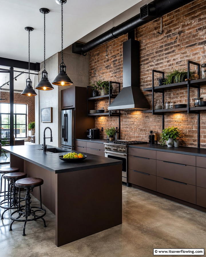 Bold Industrial Look with Matte Finishes - 25 Brown Kitchen Cabinets With Black Countertops