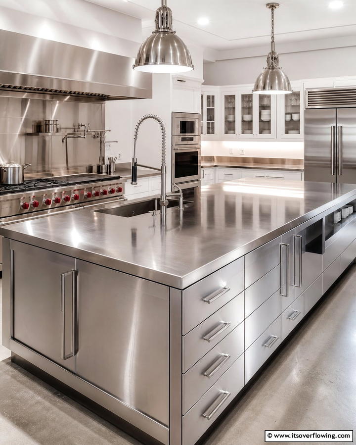 Bold Island with Stainless Steel Countertop - 25 White Kitchen with Stainless Steel Appliances Ideas