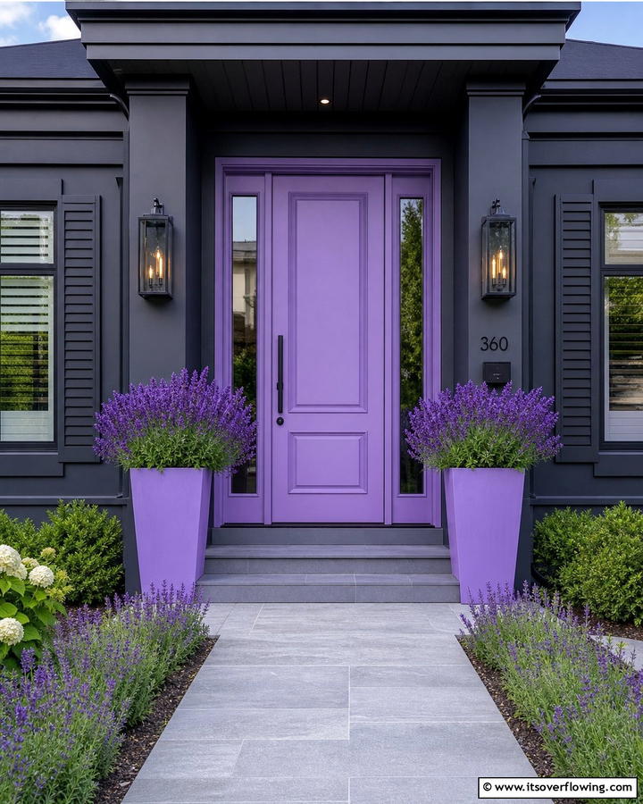 Bold Lavender Against a Dark Exterior - 20 Lavender Front Door Ideas for a Welcoming Entrance