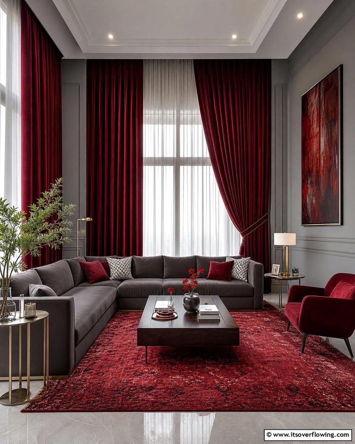Bold Maroon Drama - 30 Curtain Color Ideas Perfectly Paired With Gray Walls