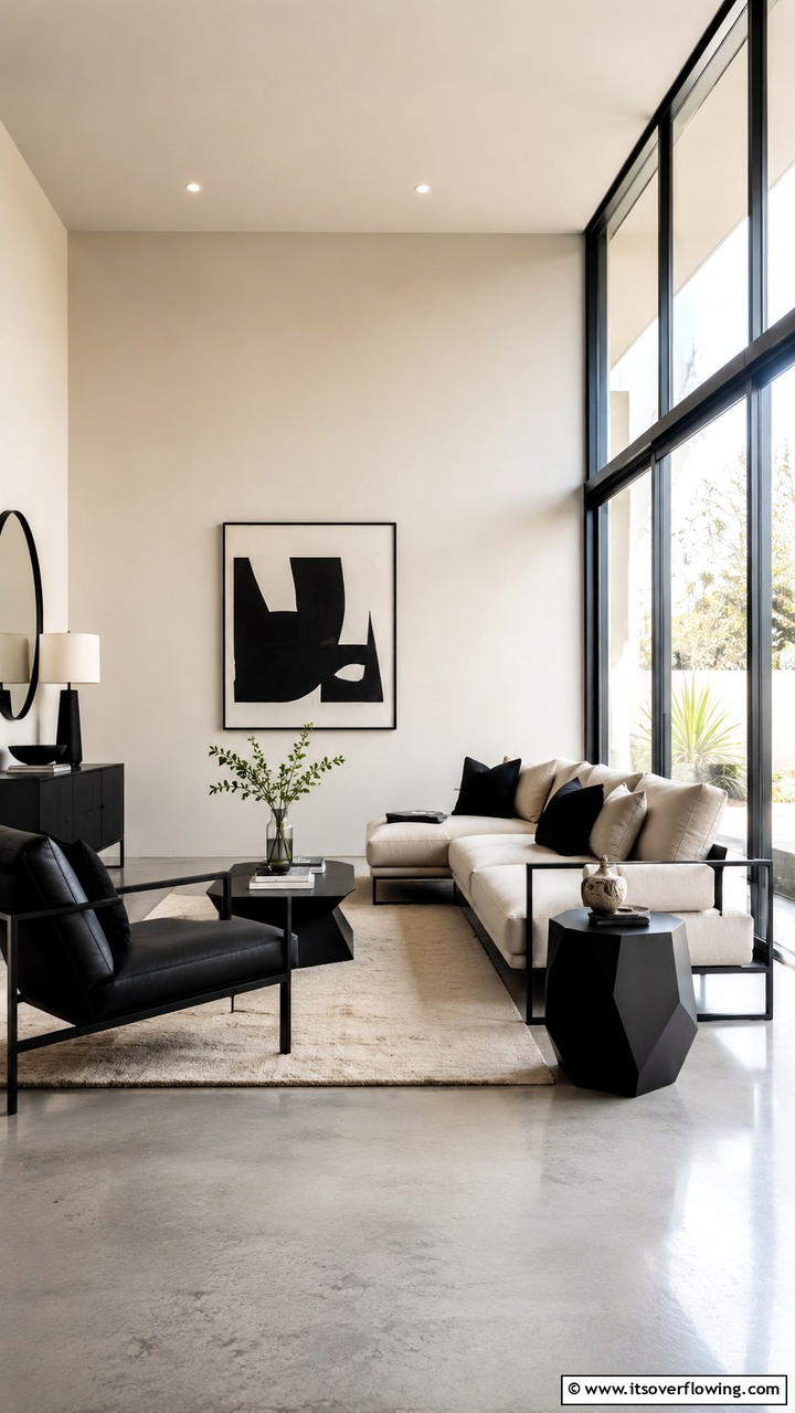 Bold Minimalist Black Accents - 30 Black & Beige Living Room Ideas for Modern Contrast