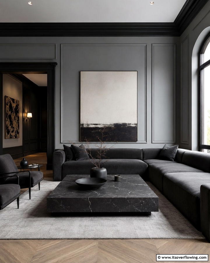 Bold Minimalist Statements - 30 Living Room Grey Walls & Black Trim- Bold Contrast Ideas