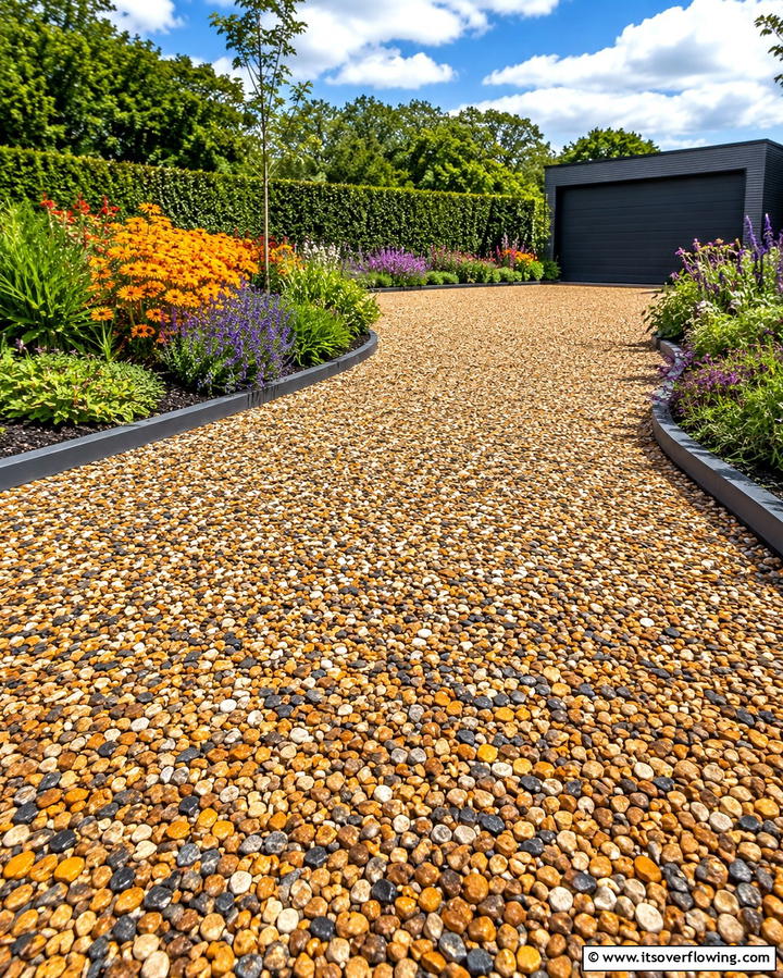 Bold Mixed Color Gravel Driveway - 30 Gravel Driveway Ideas- Durable & Stylish Options