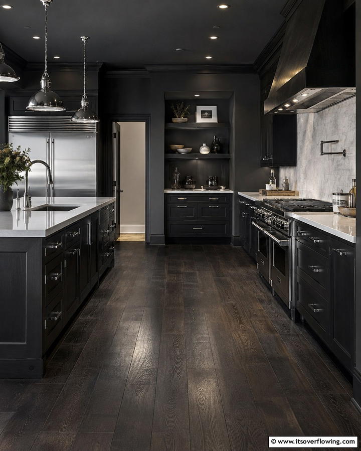 Bold Monochromatic Kitchens - 25 Kitchen With Dark Wood Floors Ideas for Elegance