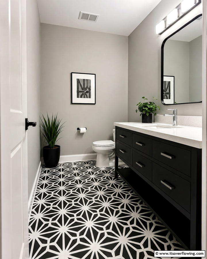 Bold Monochrome Geometric Tiles - 30 Powder Room Floor Tile Ideas for Elegant Small Spaces