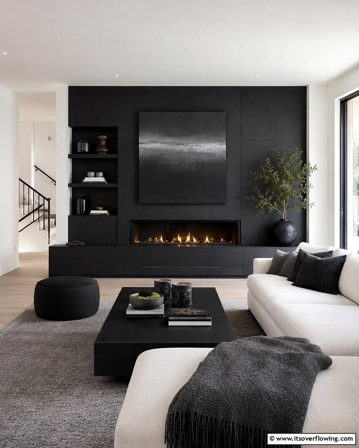 Bold Monochrome Statement - 30 Bold Black Fireplace Ideas to Elevate Your Living Room