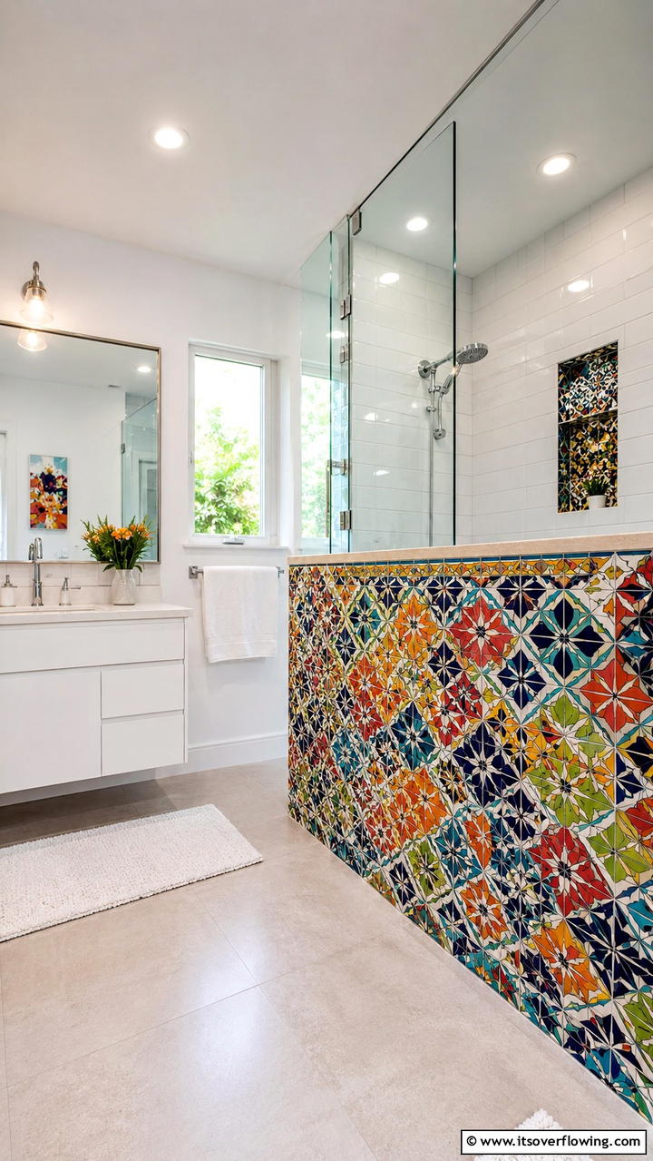 Bold Mosaic Patterns - 30 Half-Wall Shower Ideas- Sleek Bathroom Design Solutions