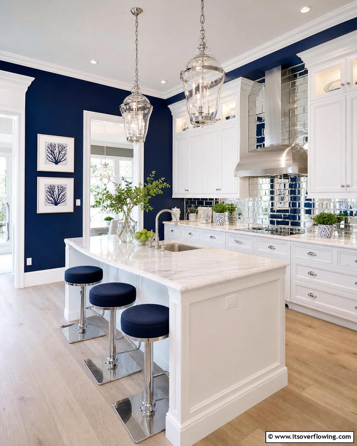 Bold Navy Walls with White Accents - 25 Blue and White Kitchen Ideas for a Fresh and Timeless Look