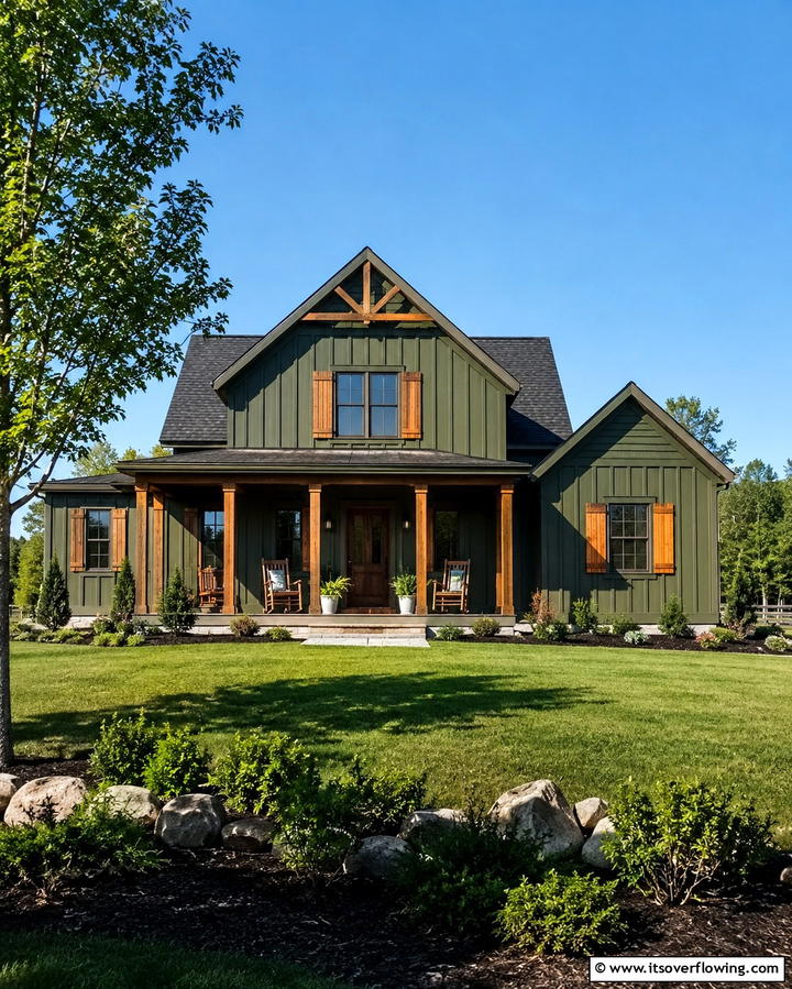 Bold Olive Green with Natural Wood Accents - 25 Farmhouse Green Exterior Home Ideas for a Fresh Look