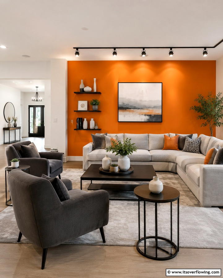 Bold Orange Accent Walls Paired with Grey Furniture - 25 Orange and Grey Living Room Ideas for a Modern Look
