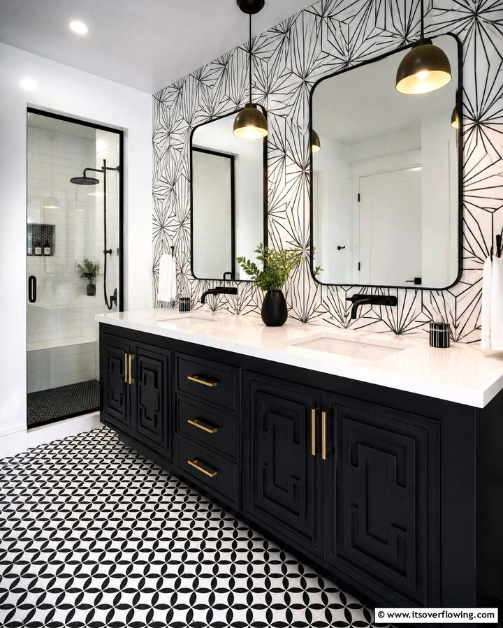 Bold Pattern Play - 30 Black Cabinet Bathroom Ideas for Dramatic Modern Spaces