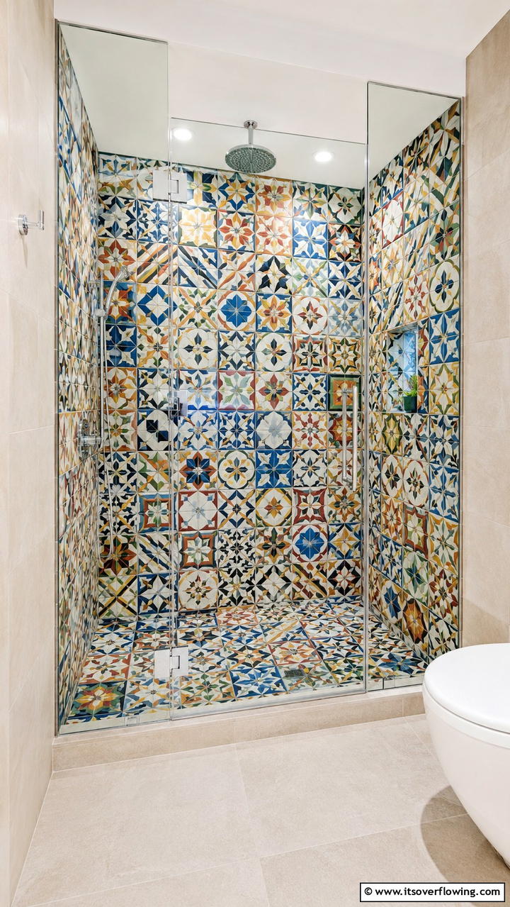 Bold Patterned Enclosures - 30 Bathroom Tile Ideas to Refresh Your Space with Style