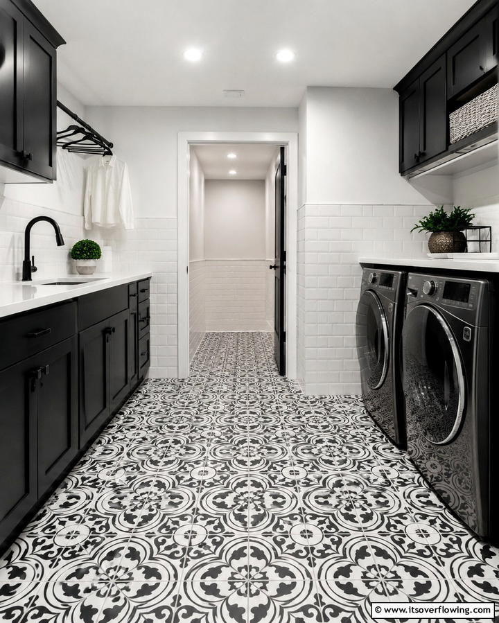 Bold Patterned Floor Tiles - 30 Basement Laundry Room Ideas for Functional Utility Spaces