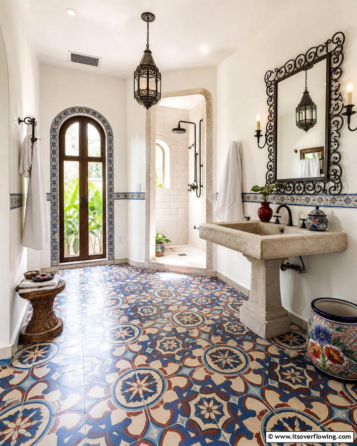 Bold Patterned Flooring - 30 Spanish Style Bathroom Ideas for Mediterranean Flair