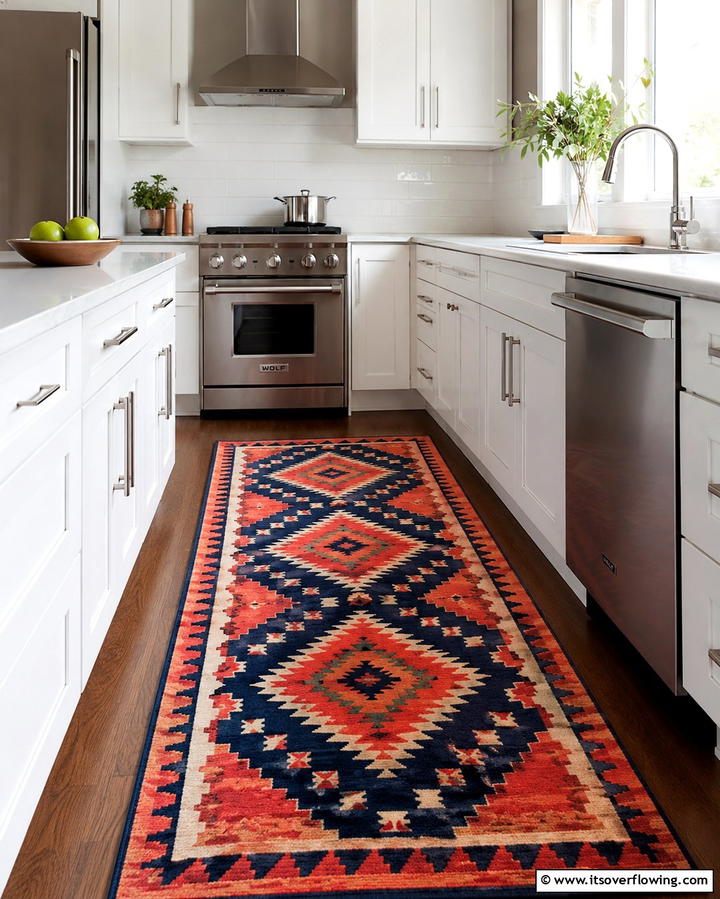 Bold Patterned Rug - 30 Kitchen Rug Ideas- Stylish and Durable Floor Solutions
