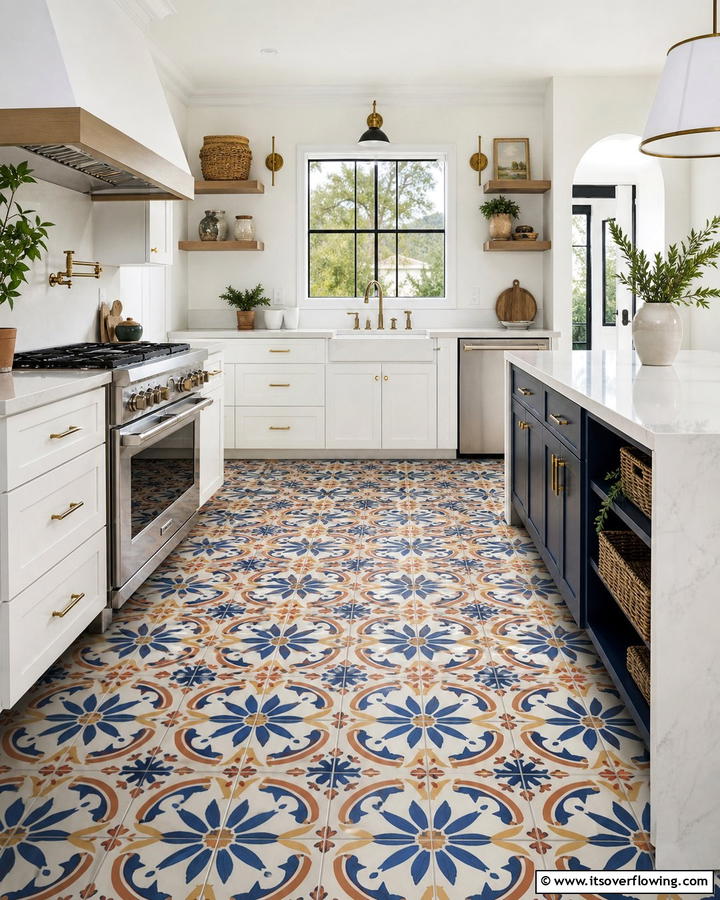Bold Patterned Tiles - 21 Kitchen Floor Tile Ideas- Durable & Stylish Options
