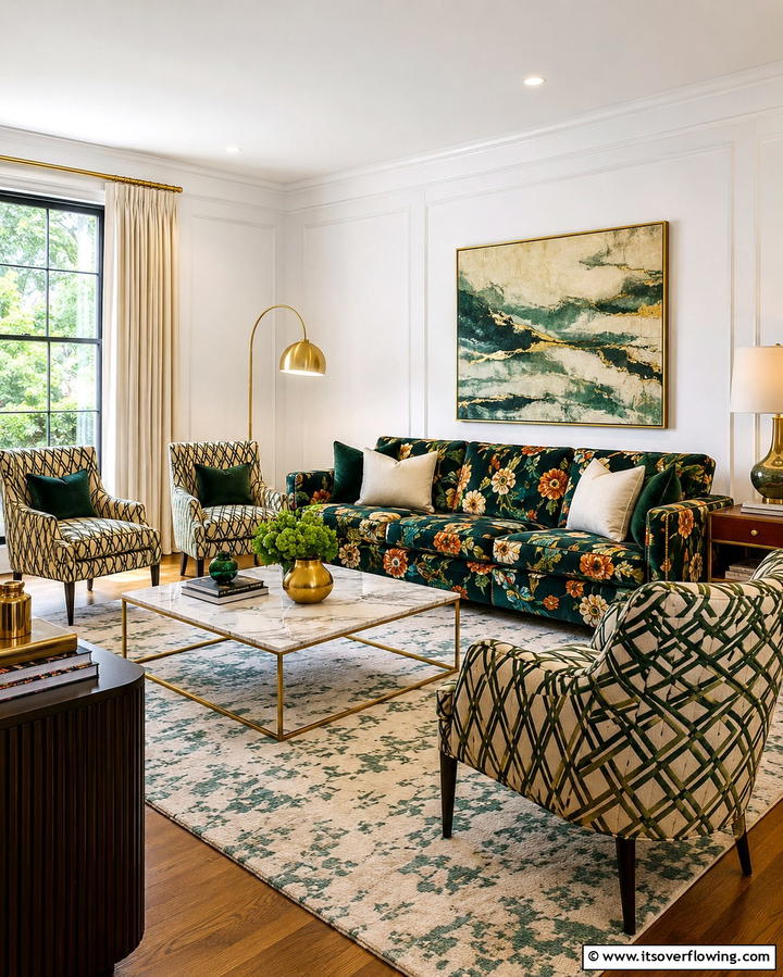 Bold Patterned Upholstery - 30 Glam Living Room Ideas for Luxurious Comfort