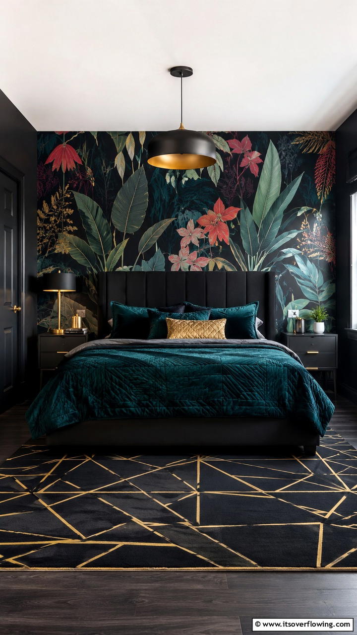 Bold Patterned Walls - 30 Dark Bedroom Ideas- Moody and Sophisticated Retreat