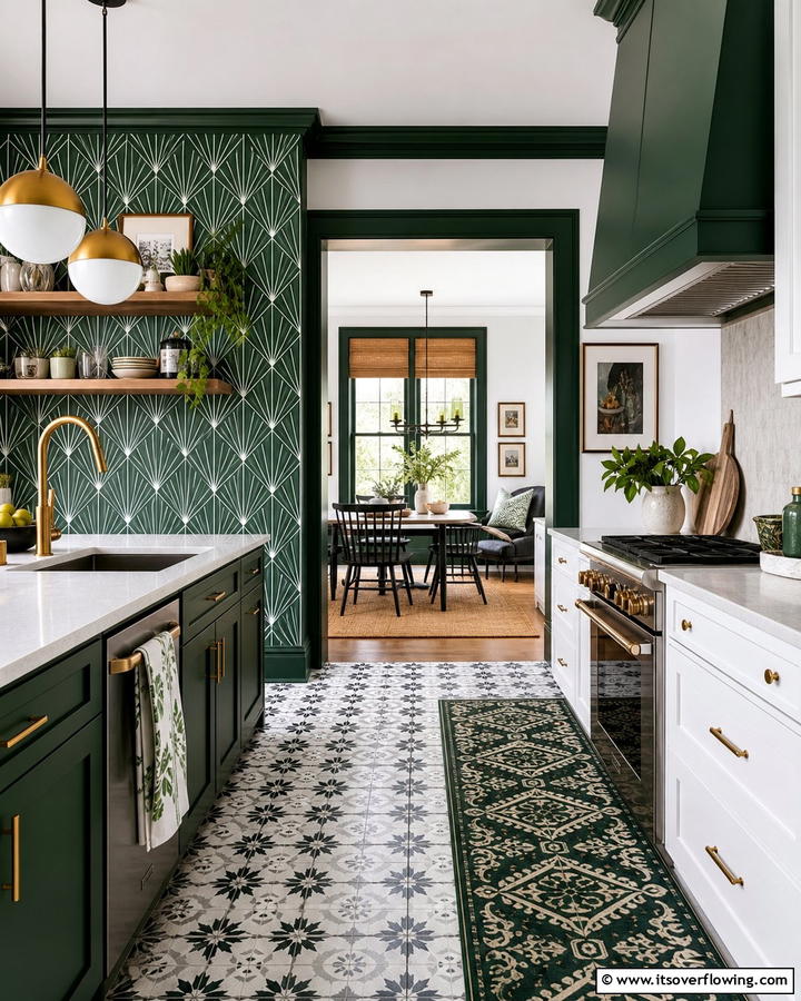 Bold Patterns in Dark Green - 21 Dark Green Kitchen Ideas for Bold Cabinetry
